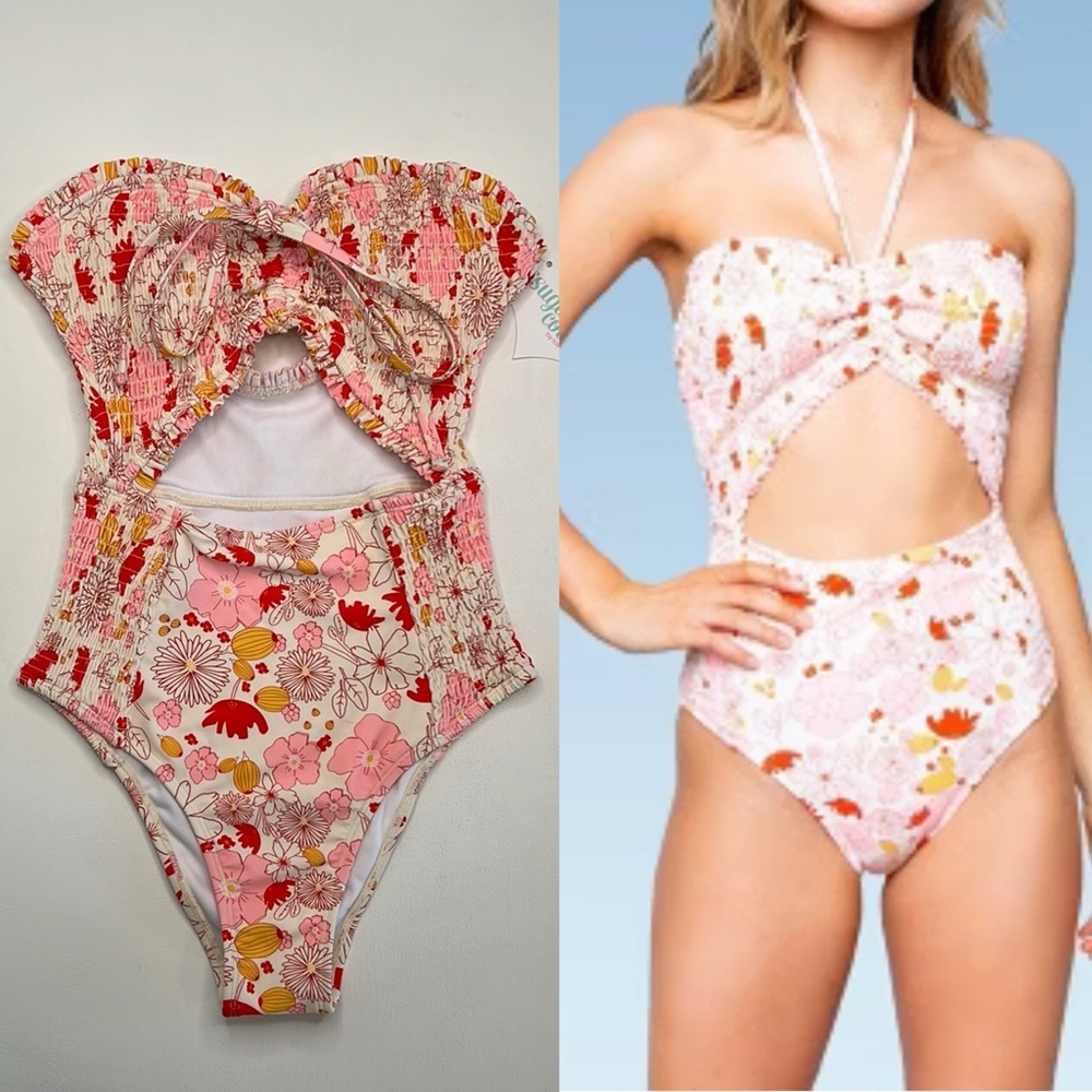 NWT Lolli swim Sugar Coast Smocked Cut Out Halter one piece swimsuit size XS